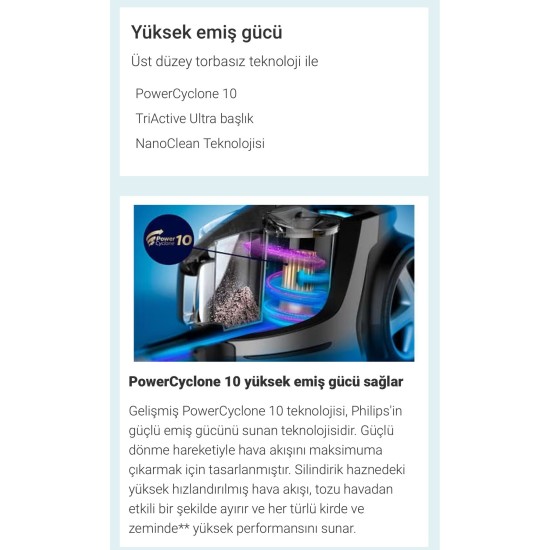 Philips Premium Marathon Ultimate Yüksek Emiş Güçlü HEPA Alerjik Filtreli Torbasız Süpürge, PowerCyclone 10