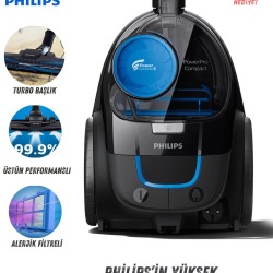 Philips Turbo Başlıklı Yüksek Performanslı Torbasız Elektrikli Süpürge, Kompakt Tasarım, Hepa Filtreli