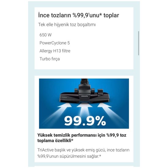 Philips Turbo Başlılı Powercyclone 5 Teknolojili Torbasız Elektrikli Süpürge, Kompakt Tasarım, H13 Filtreli
