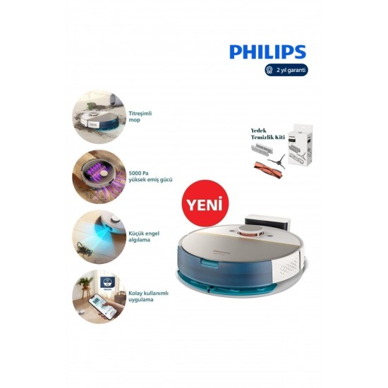 Philips Aqua Islak ve Kuru 7000 Serisi Temizlik Robotu 180dk Kadar Temizlik, 5000 Pa Emiş Gücü+ Yedek Set